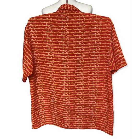 Brooklyn Xpress Red Orange All over Logo Spellout Print Hawaiian Shirt Size XL - Picture 2 of 4
